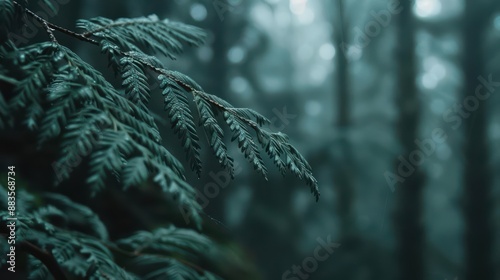 In a supernatural scene, spectral pine leaves rustled softly, their ethereal needles creating a magical symphony in the haunted forest photo