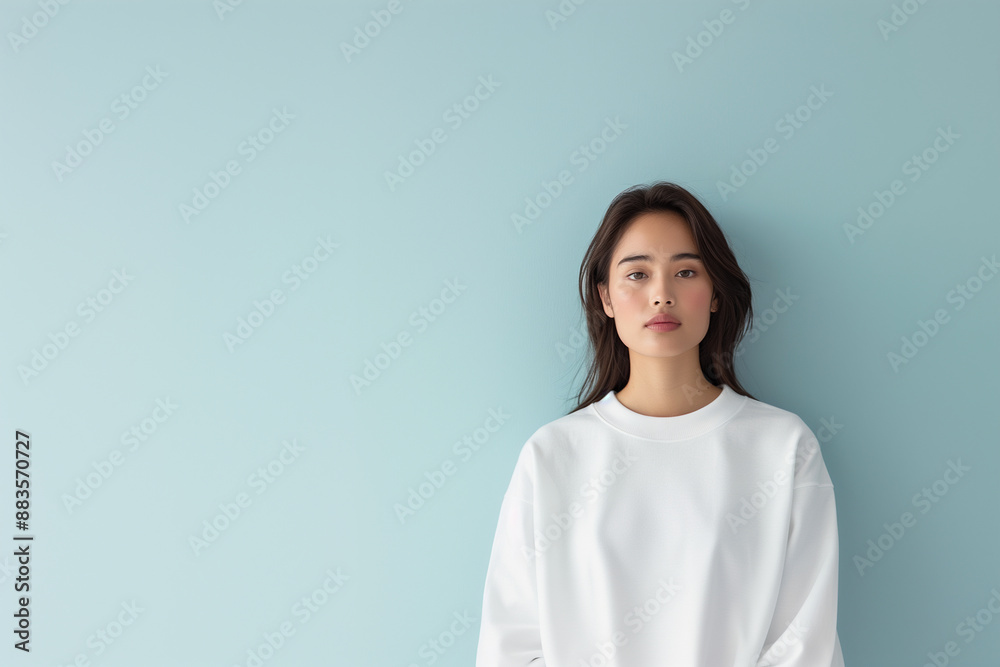 Young Asian woman in a white sweatshirt standing against a light blue background. Minimalist fashion and serene expression. Young Asian woman in a white sweatshirt standing against a light blue background. Minimalist fashion and serene expression.