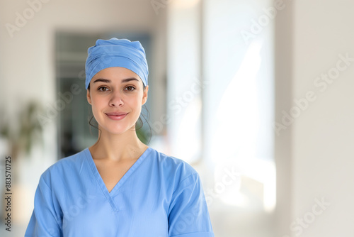 Young female surgeon in blue scrubs, standing in a modern medical facility, highlighting confidence and competence.