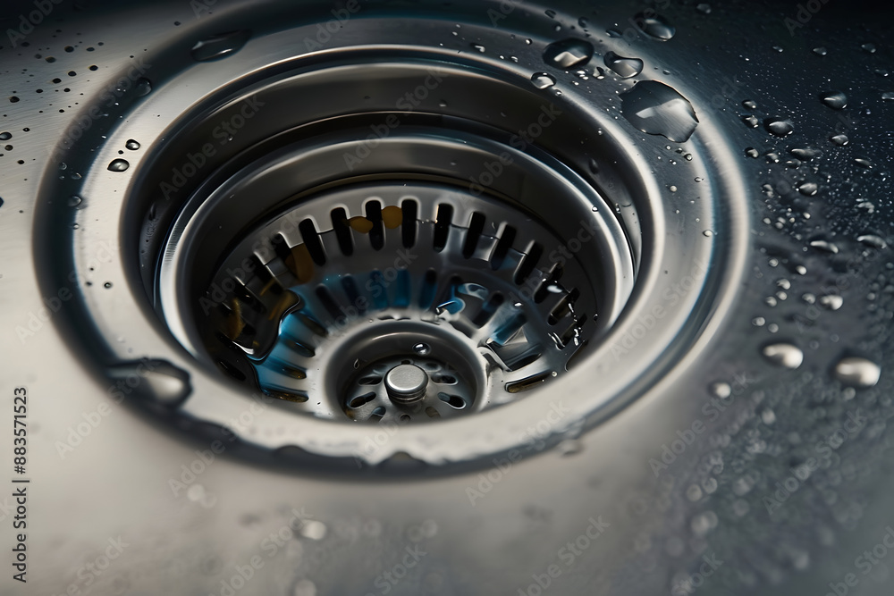 Close-up of a drain in a steel sink. Clean sink, no blockages. Water supply.