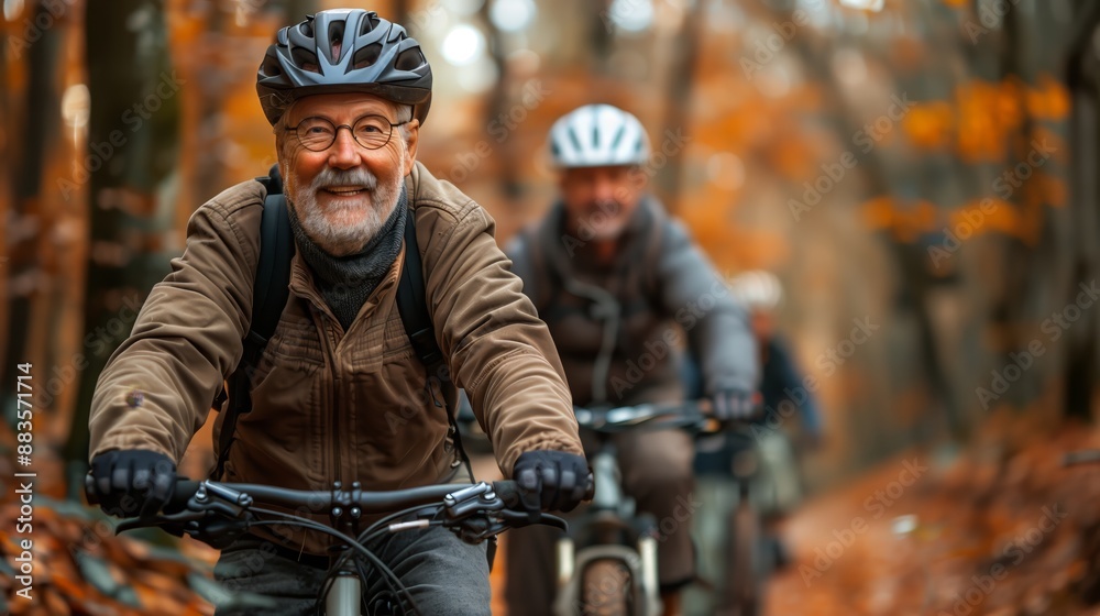elderly people actively spend time riding bicycles along a scenic forest trail elderly people actively spend time riding bicycles along a scenic forest trail
