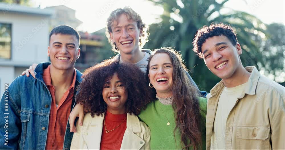 Face, love or smile with group of friends outdoor in summer together for bonding, humor or laughing. Funny, happy or portrait of gen z men and women in neighborhood for community, fun or hang out