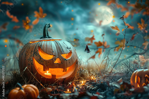 Glowing Jack-O'-Lantern amidst swirling autumn leaves under a full moon, capturing the essence of Halloween night with eerie light and atmospheric ambiance, perfect for seasonal festivities and celebr photo