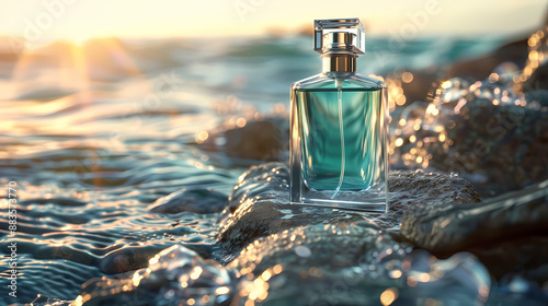 A bottle of green glass perfume lies on the rocks by the sea