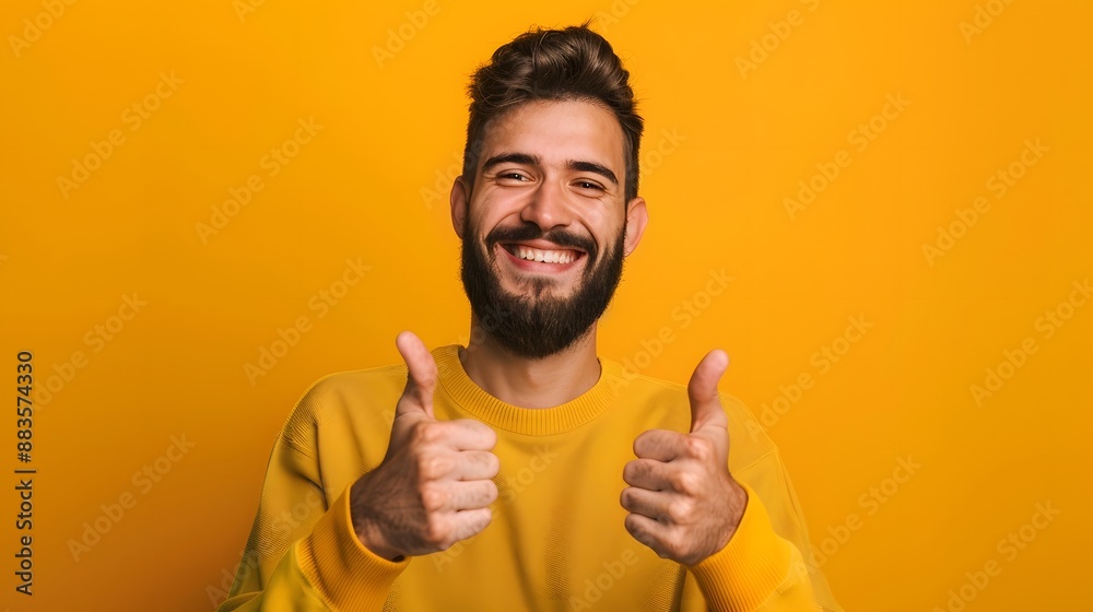 Young handsome man with beard over isolated yellow background with thumbs up because something good has happened. Young handsome man with beard over isolated yellow background with thumbs up because something good has happened.