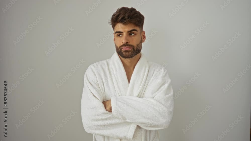Man in bathrobe - young hispanic person standing frowning with nervous skepticism, negative and upset over problem, isolated on white background Man in bathrobe - young hispanic person standing frowning with nervous skepticism, negative and upset over problem, isolated on white background