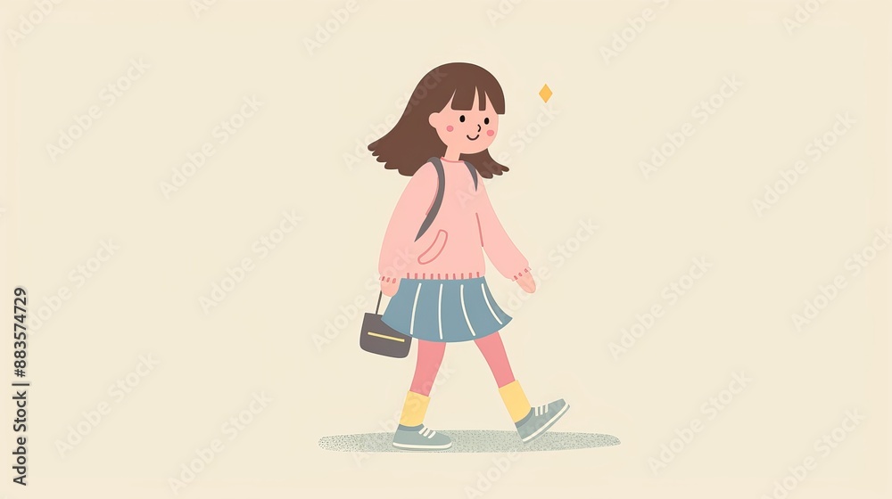 A cute girl wearing a pink sweater and blue skirt is walking happily in a simple flat illustration style with a pale yellow background A cute girl wearing a pink sweater and blue skirt is walking happily in a simple flat illustration style with a pale yellow background