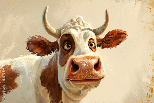 A whimsical animated portrait of a cow with expressive eyes and a friendly face, captured in a detailed and charming artistic style. The cow has a brown and white coat, adding to its endearing appeara photo