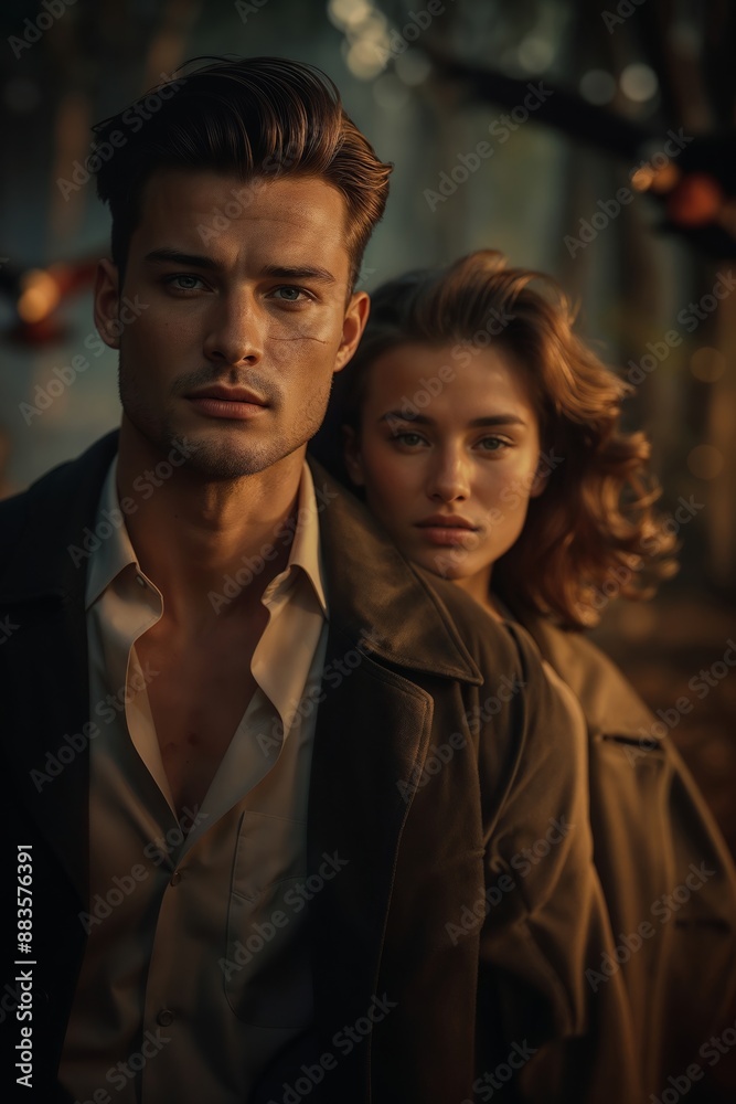 Young Couple in Forest at Sunset: Stylish and Intimate Portrait Young Couple in Forest at Sunset: Stylish and Intimate Portrait