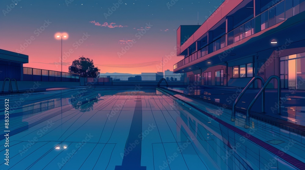 pixel art, complex vector art, public pool, exterior, early dawn, modern, minimalism, comfy but sleek, light visual novel background vibes, cinematic pixel art, complex vector art, public pool, exterior, early dawn, modern, minimalism, comfy but sleek, light visual novel background vibes, cinematic