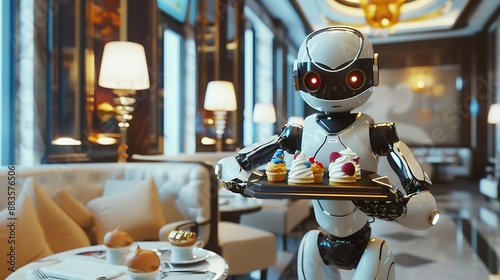 A high-tech robot carrying a tray of ice cream sundaes in a luxurious hotel dining area. photo