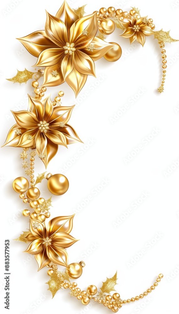 Golden Christmas Floral Border with Poinsettia, Decorative Beads, and Ornaments on White Background Golden Christmas Floral Border with Poinsettia, Decorative Beads, and Ornaments on White Background
