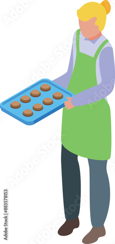 Baker woman is holding baking sheet with fresh cookies isometric view