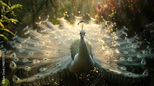 The peacock slowly turns forward, its rainbow-colored feathers spread out beautifully and realistically.