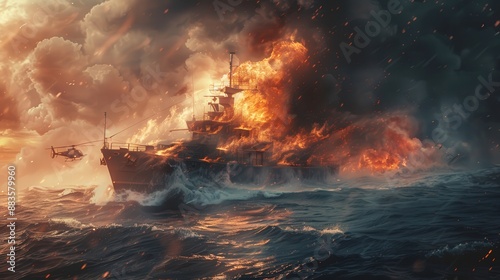 A burning ship and helicopters in the middle of the sea 