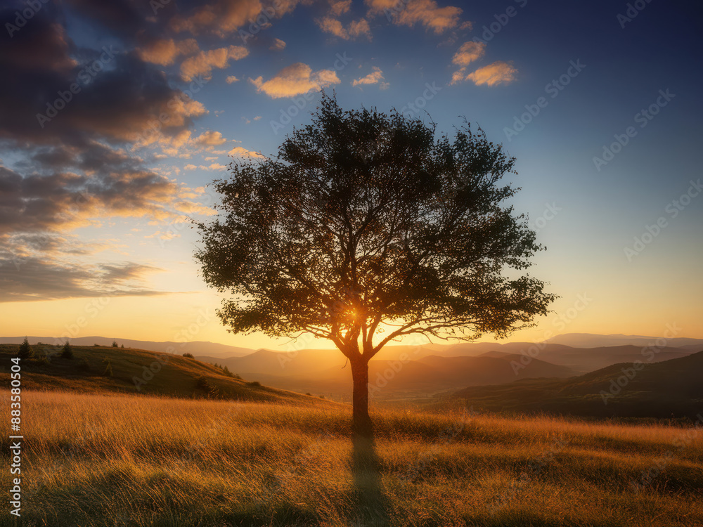 single tree at sunset