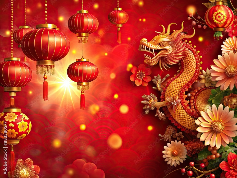 Obraz premium Vibrant red background highlights stunning lanterns and flowers adornments celebrating Happy Chinese New Year, featuring majestic Year of the Dragon zodiac sign with ample copy space.