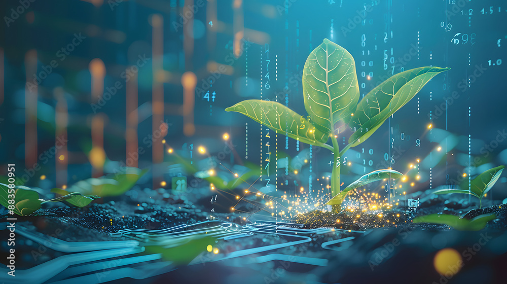 A plant is growing in a digital environment with a lot of numbers and ...