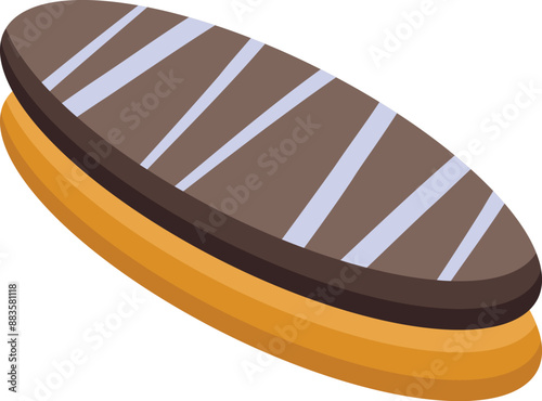 Chocolate glazed donut with white chocolate stripes isometric icon for web design isolated on white background