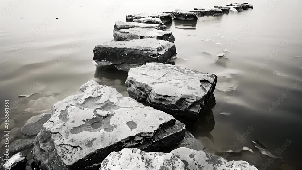 Smooth worn rocks create a gentle slope leading into the water inviting exploration. Black and white art Smooth worn rocks create a gentle slope leading into the water inviting exploration. Black and white art
