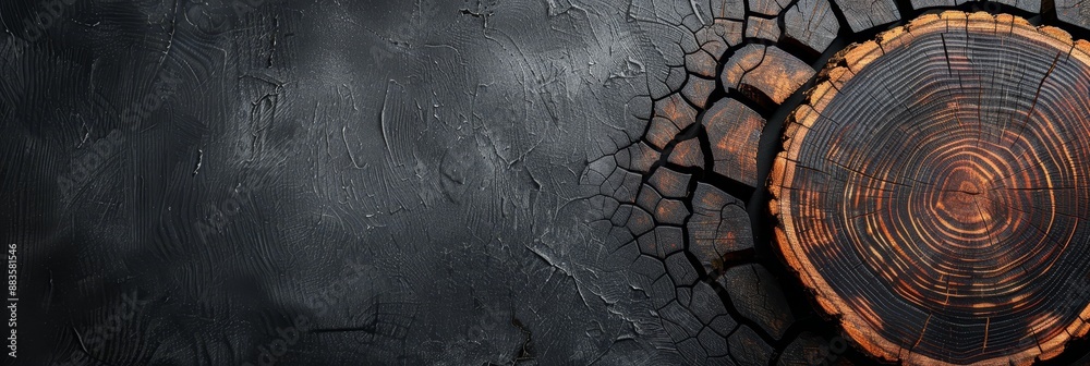 Naklejka premium Black Charcoal Cracks Texture, Burned Wood Cross Section with Annual Rings, Dark Textured Backdrop.