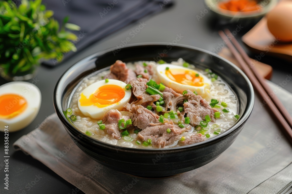 Congee with Beef, Eggs, and Fresh Scallions. Generative AI. Congee with Beef, Eggs, and Fresh Scallions. Generative AI.