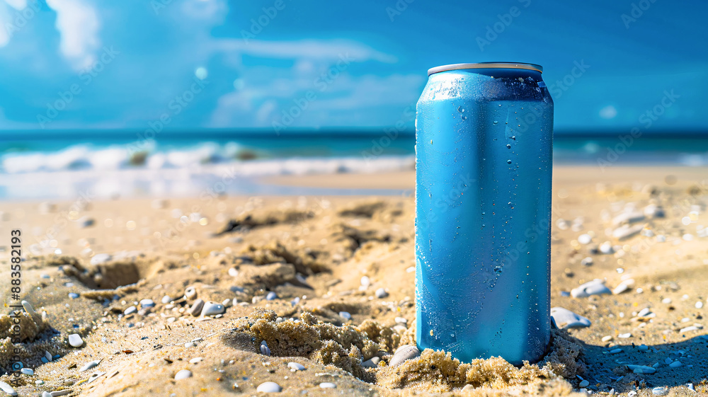 Blank soda or beer can mockup isolated on beach sand for branding and marketing Blank soda or beer can mockup isolated on beach sand for branding and marketing