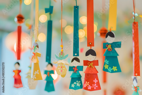 Colorful paper dolls hang from the ceiling in a brightly lit room photo