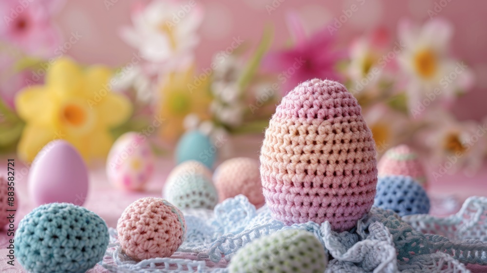Crocheted Easter Eggs with Floral Background Crocheted Easter Eggs with Floral Background