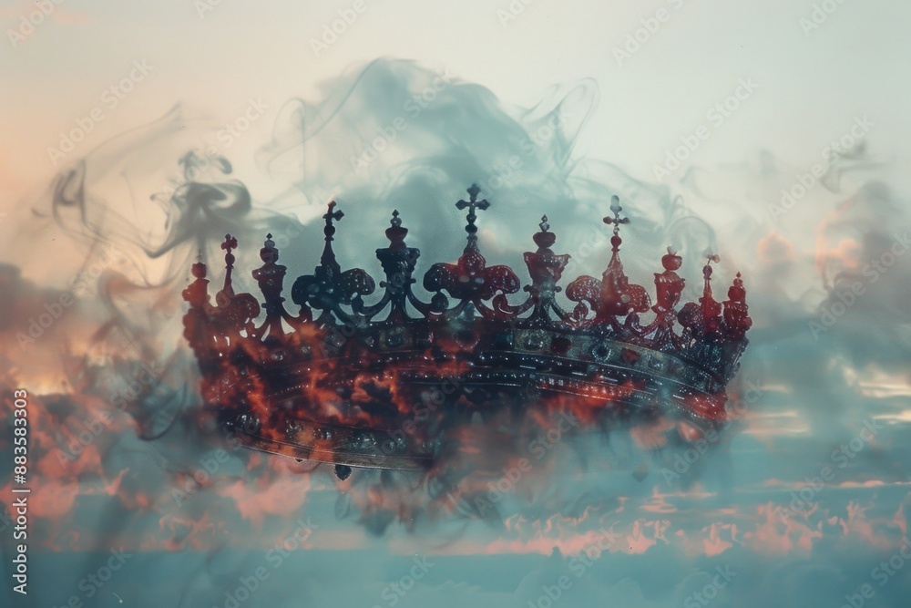 Fototapeta premium A royal crown floats in a cloudy blue sky with fluffy white clouds