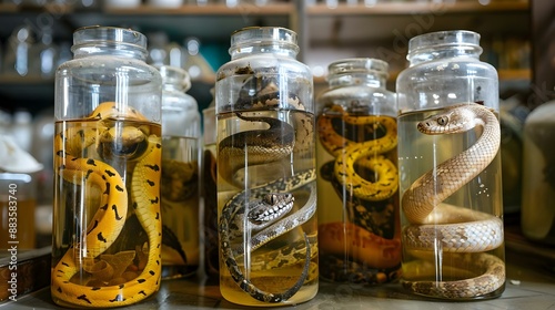Close-up of animals preserved in formaldehyde