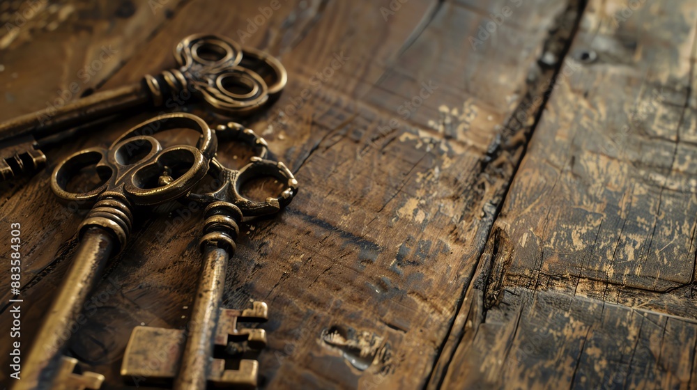 Antique French keys displayed on a rustic wooden table, bathed in soft, warm light Perfect for historical exhibits and Bastille Day decorations, with ample space for text