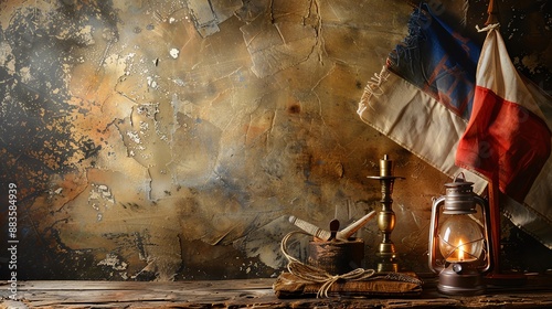 French Revolution artifacts displayed against a minimalist backdrop, illuminated by focused light Ideal for historical collections and Bastille Day promotions, with room for text