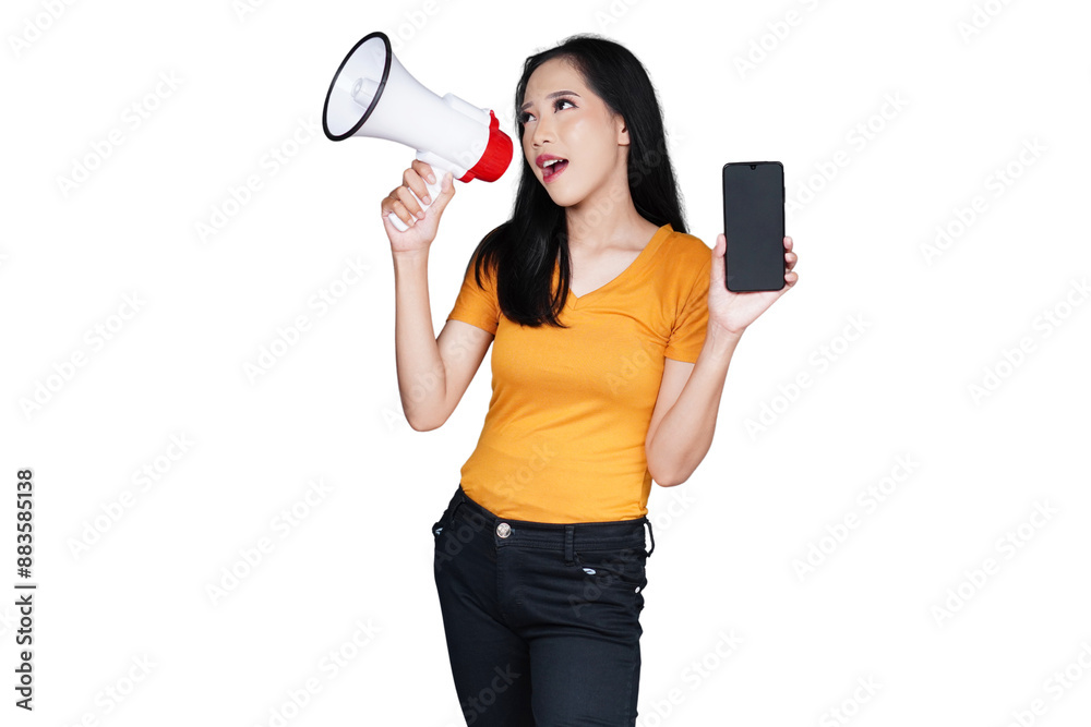 Woman in casual outfit using megaphone and showing phone isolated transparent Woman in casual outfit using megaphone and showing phone isolated transparent