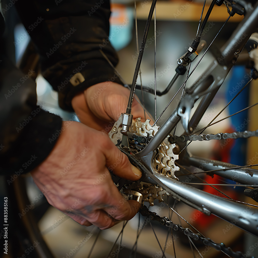 Fototapeta premium Close-up of a bicycle mechanic repairing a bicycle in a workshop.
