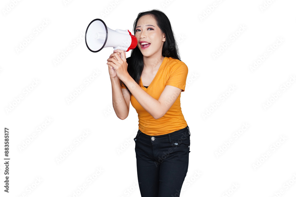Woman in casual outfit using megaphone isolated transparent