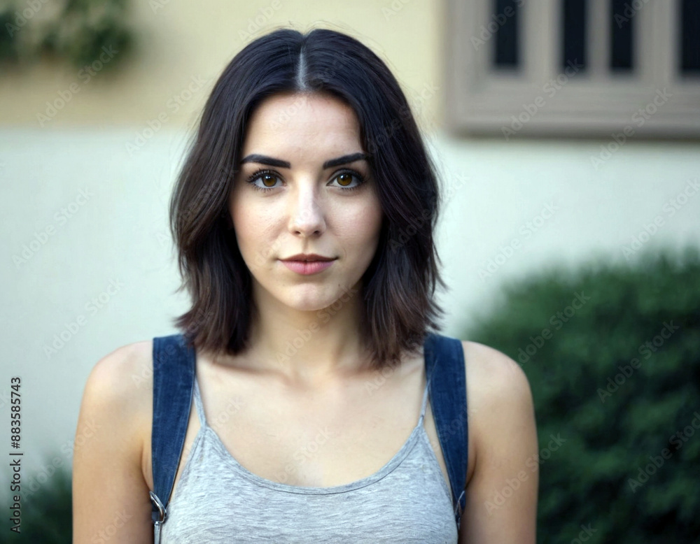 A woman in a gray tank top and denim overalls, standing outdoors with a neutral expression. A woman in a gray tank top and denim overalls, standing outdoors with a neutral expression.