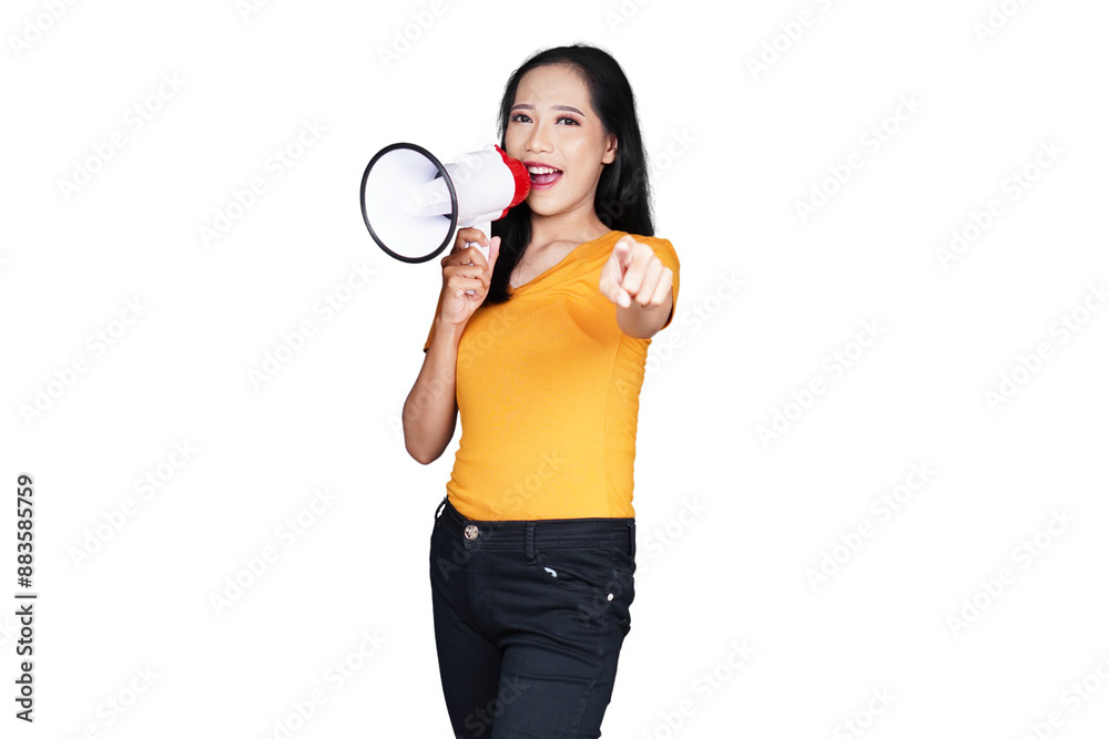 Woman in casual outfit using megaphone and pointing isolated transparent Woman in casual outfit using megaphone and pointing isolated transparent