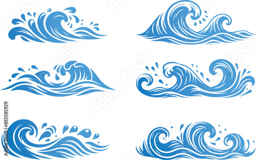 Water Waves, wave icons, Blue water Waves Set, Vector ocean water shape, Liquid shape elements, Sea wave, Wave icon set, simple doodle wave, water wave vector