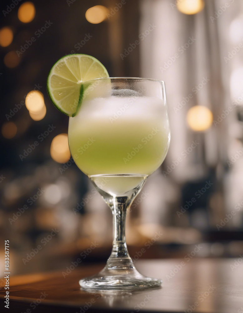 Pisco sour in a coupe glass with a lime twist and bitters in an elegant Peruvian restaurant
Pisco sour in a coupe glass with a lime twist and bitters in an elegant Peruvian restaurant