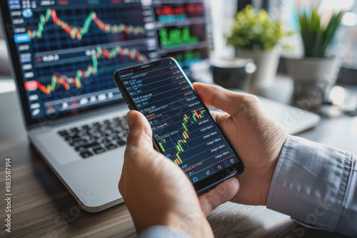 Businessman Holding Smartphone and Checking Stock and Cryptocurrency Market in Office.