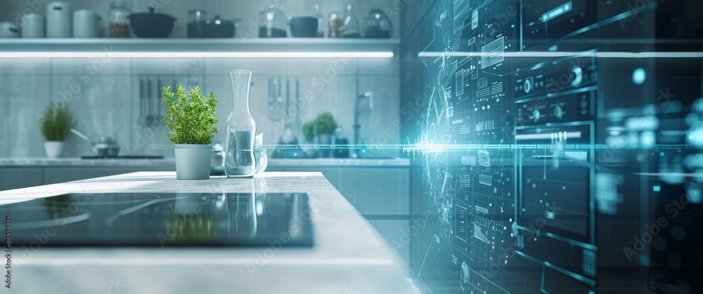 Smart kitchen with futuristic technology interface Smart kitchen with futuristic technology interface