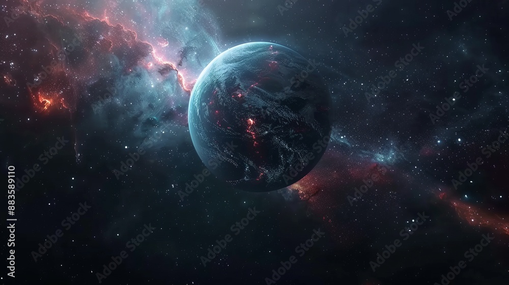 Fototapeta premium A dark blue planet with glowing red patches set against a vast star-filled space, representing the mysterious and expansive nature of the cosmos and the beauty within.