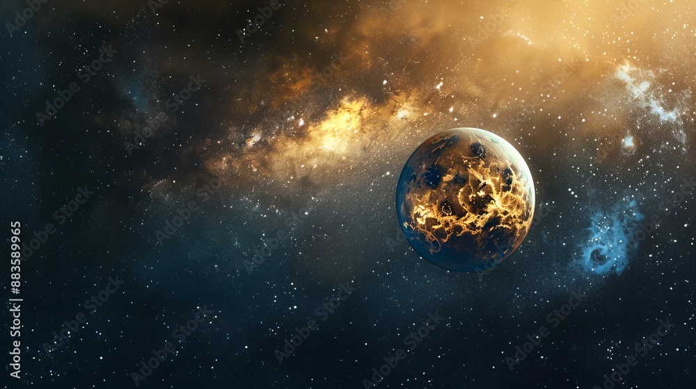 Obraz premium A beautifully luminous planet displaying a blazing glow amidst the darkness of space, radiating warmth and representing hope and the marvels of the universe.