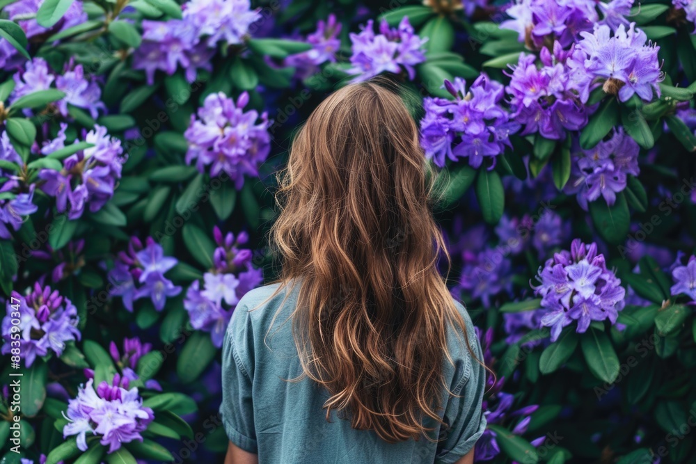 Fototapeta premium A woman stands in front of a bush of purple flowers, looking relaxed