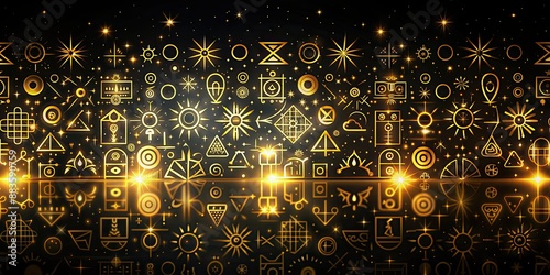 Golden glyphs shining on a dark midnight background, golden, glyphs, shining, dark, midnight, background, mystical