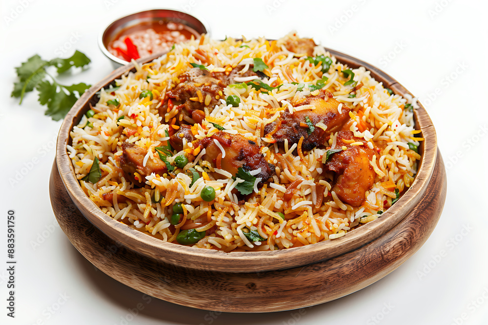 Board and plate of tasty Biryani with on white background. Board and plate of tasty Biryani with on white background.