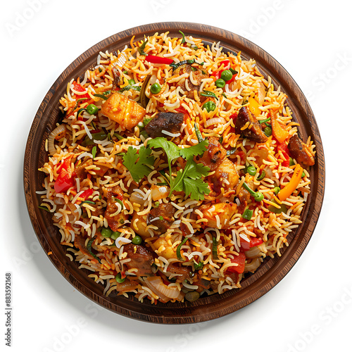 Board and plate of tasty Biryani with on white background.