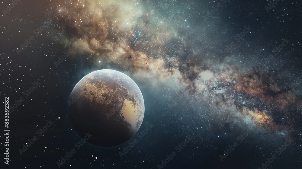 A striking cosmic scene featuring a planet with visible landmasses set against a vibrant backdrop of stars and interstellar clouds. A striking cosmic scene featuring a planet with visible landmasses set against a vibrant backdrop of stars and interstellar clouds.