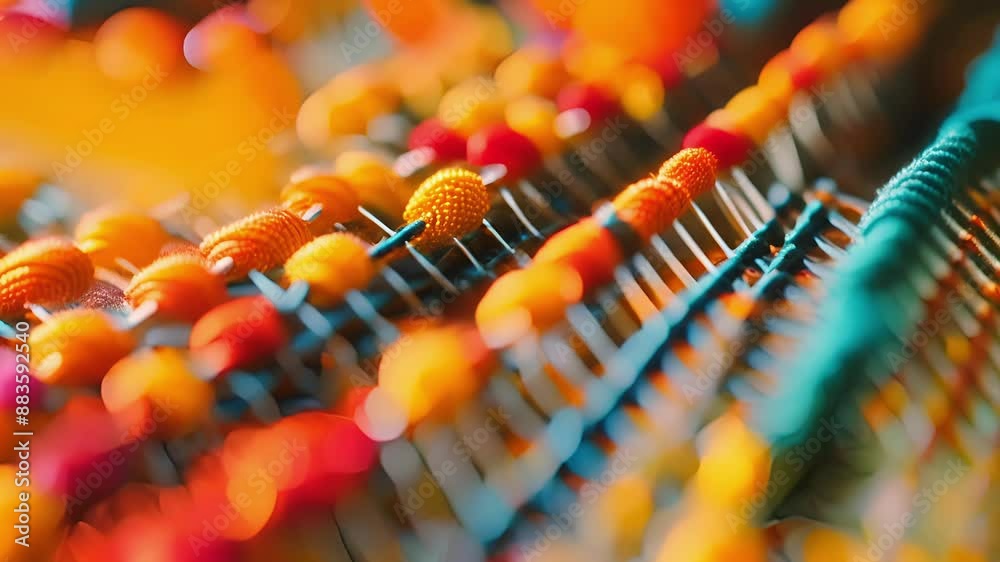 Magnified by the camera lens each stitch on the knitting machine resembles a tiny work of art perfectly aligned in a carefully crafted pattern. Magnified by the camera lens each stitch on the knitting machine resembles a tiny work of art perfectly aligned in a carefully crafted pattern.